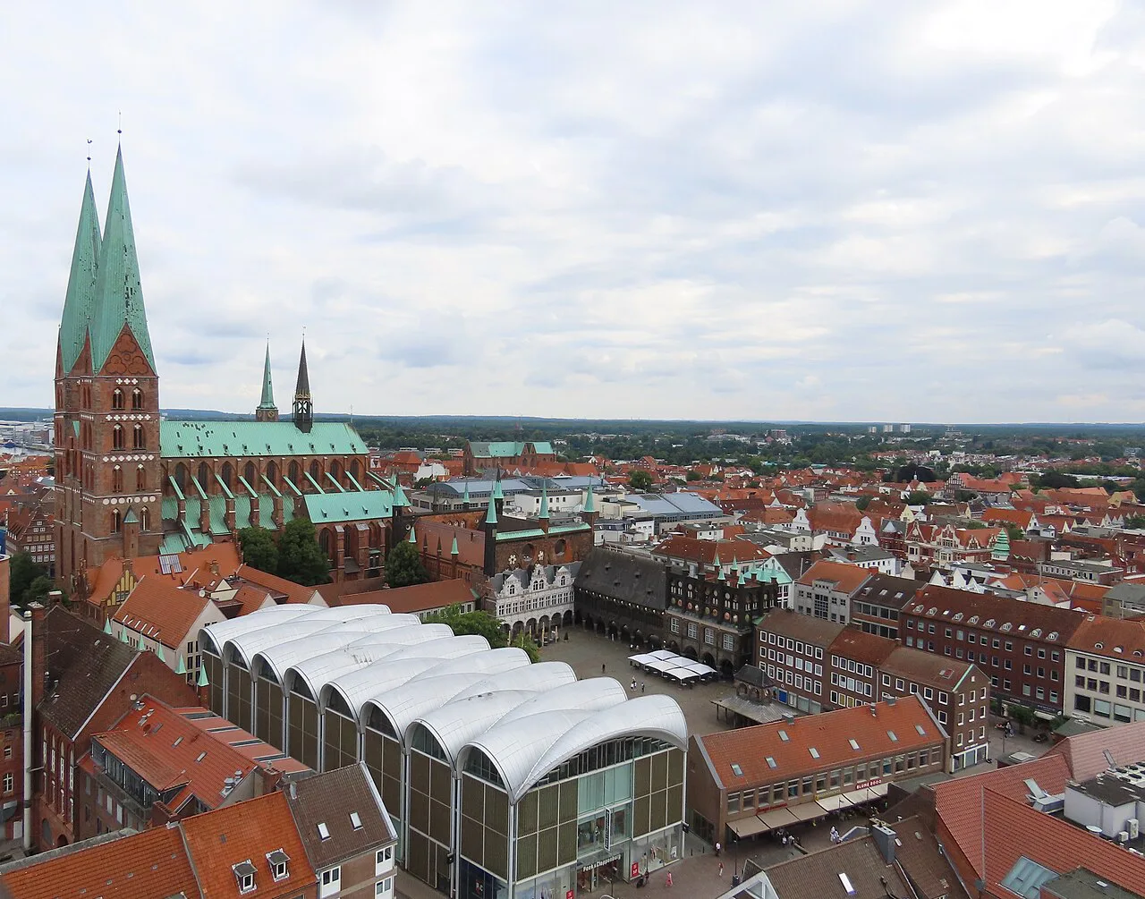 St. Mary's Church and the market square with the Town Hall, seen from St. Peter's Church, Lübeck.