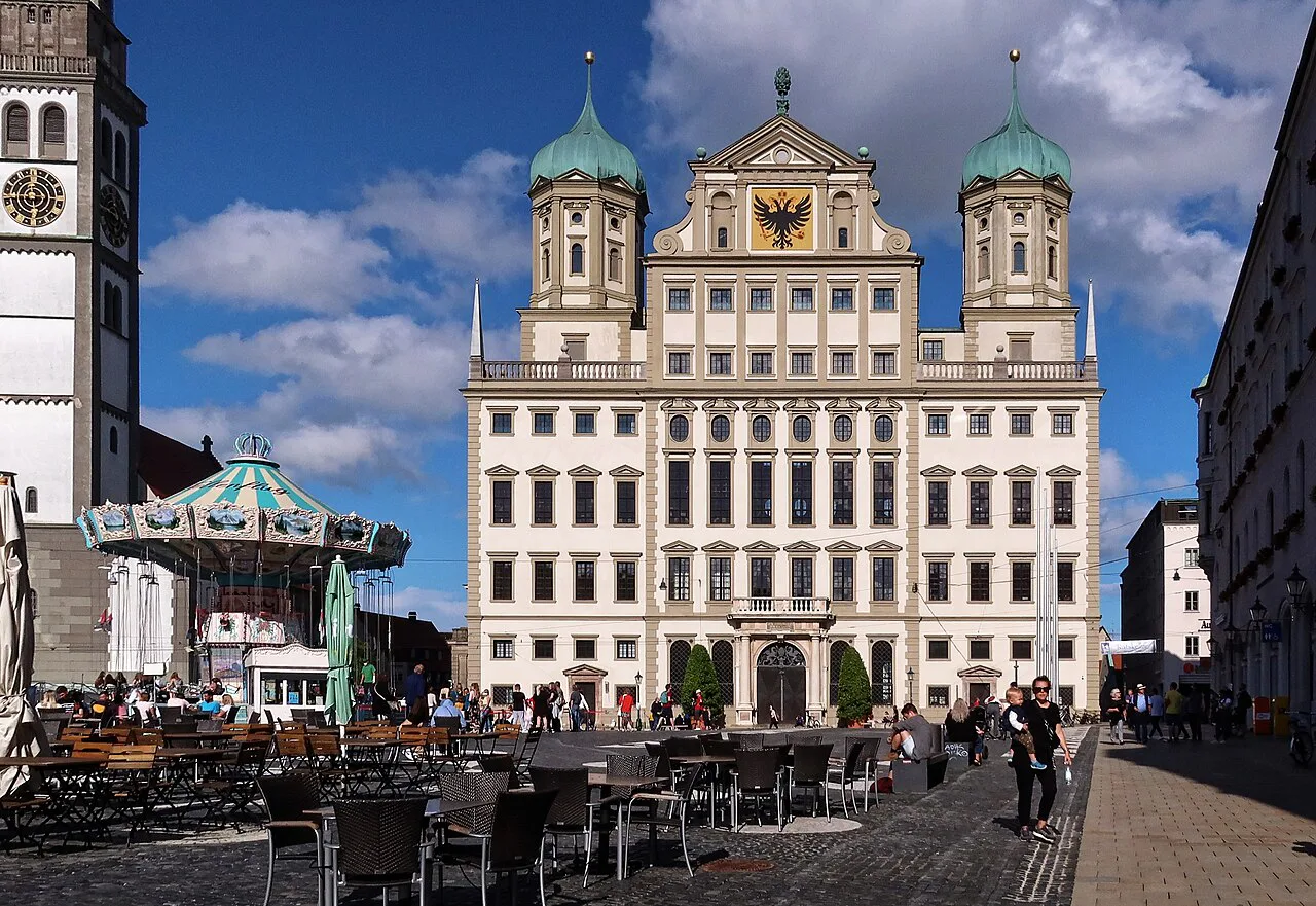 Augsburg Town Hall with café terraces on Rathausplatz, Augsburg.