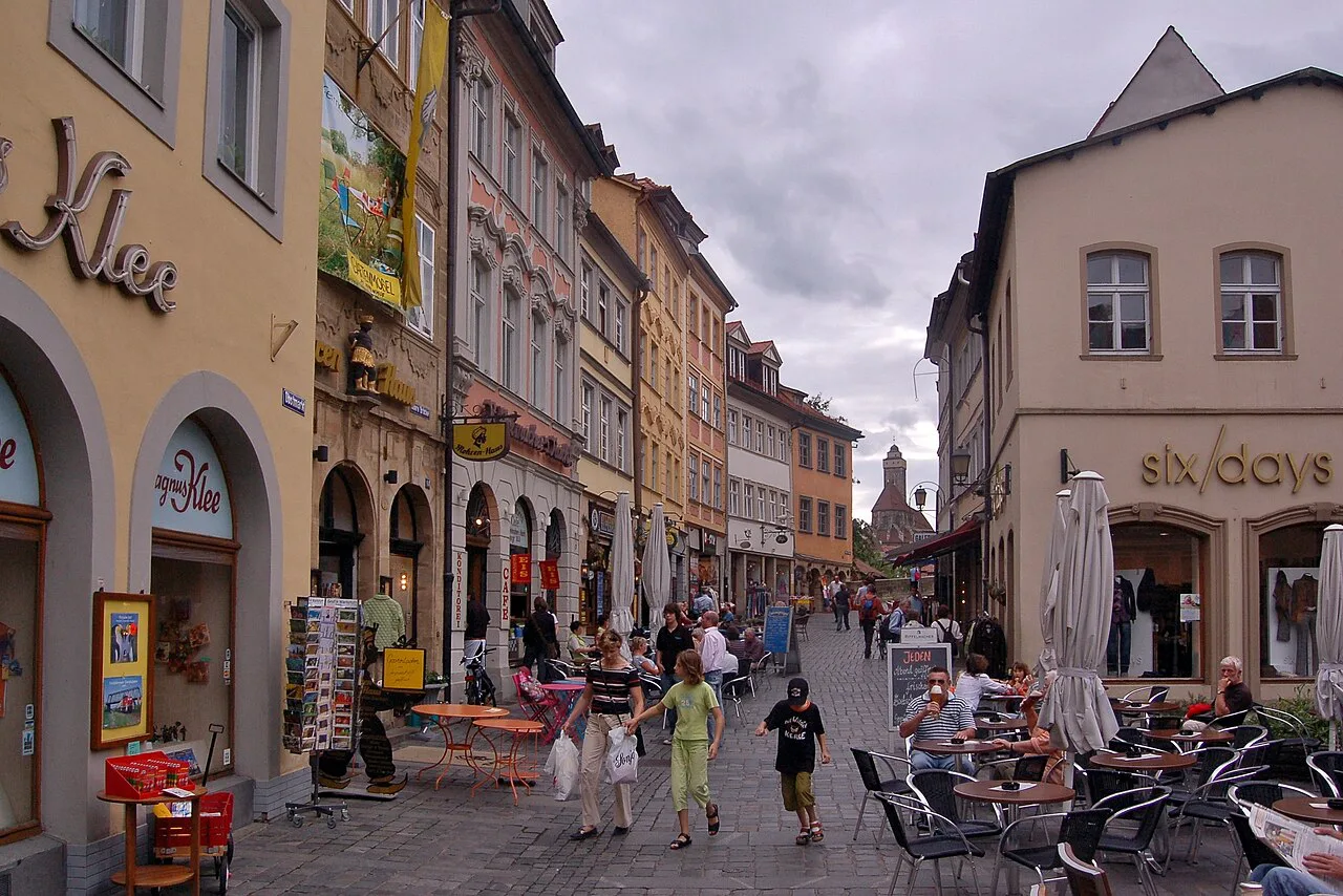 Café tables along Obere Brücke street, Bamberg.