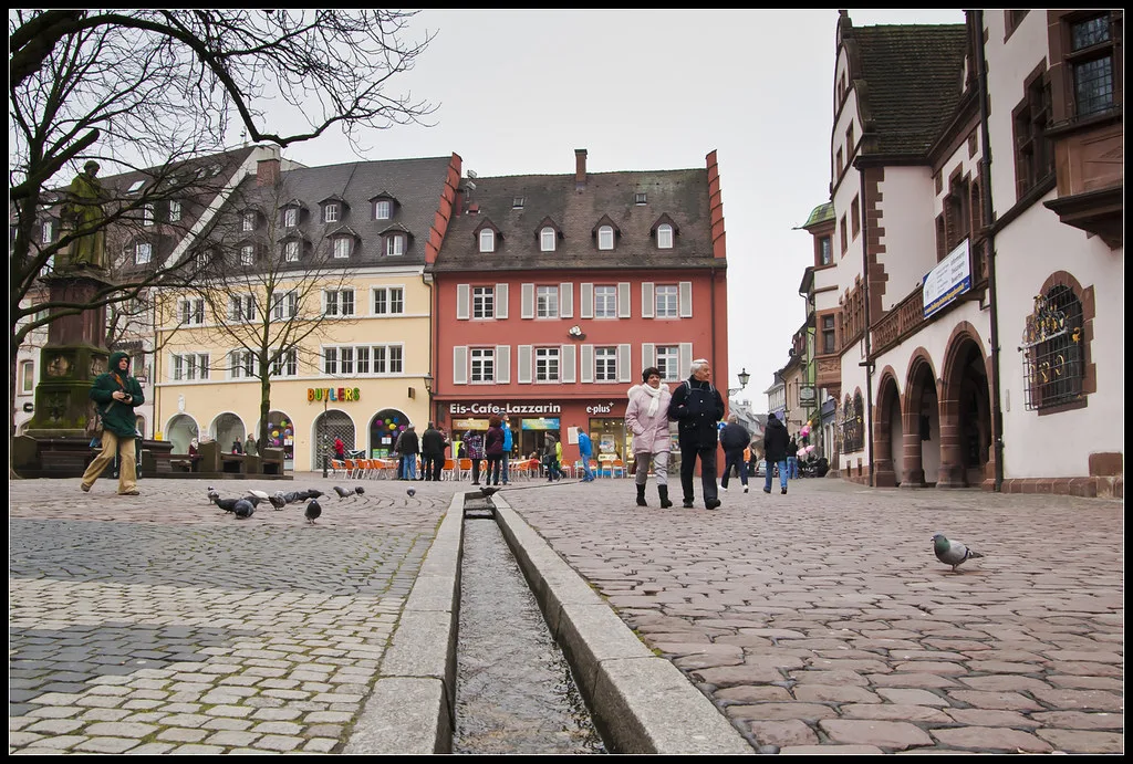 A square with a Bächle water channel in Freiburg's old town.