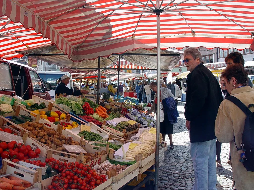 A fruit and vegetable stall at the market in Freiburg.