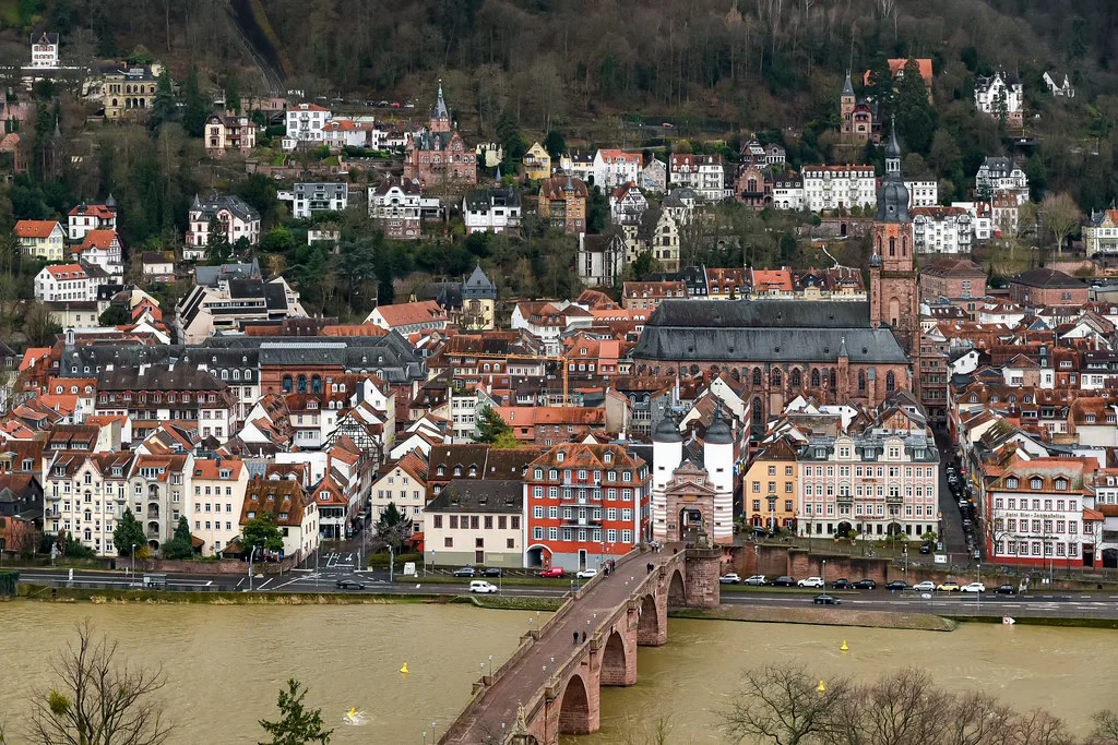 Heidelberg's old town and the Old Bridge across the Neckar River.