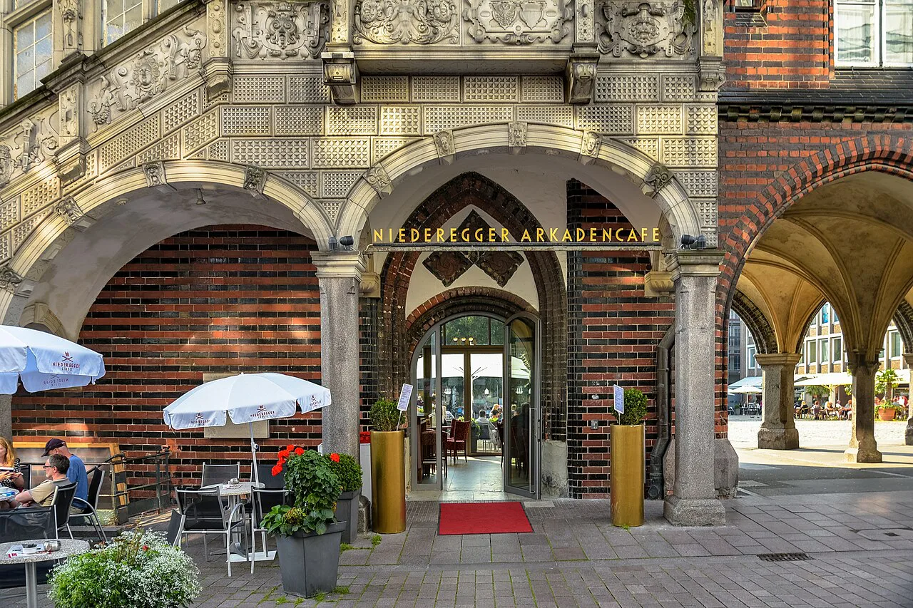 The arcade café entrance of Café Niederegger, Lübeck.
