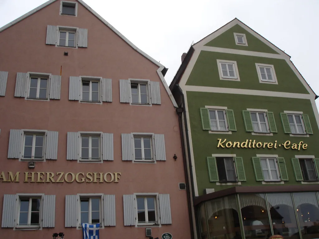 A Konditorei-Café facade in the old town near the Old Town Hall, Regensburg.