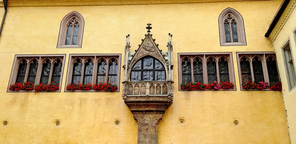 The Gothic oriel window of the Old Town Hall, Regensburg.