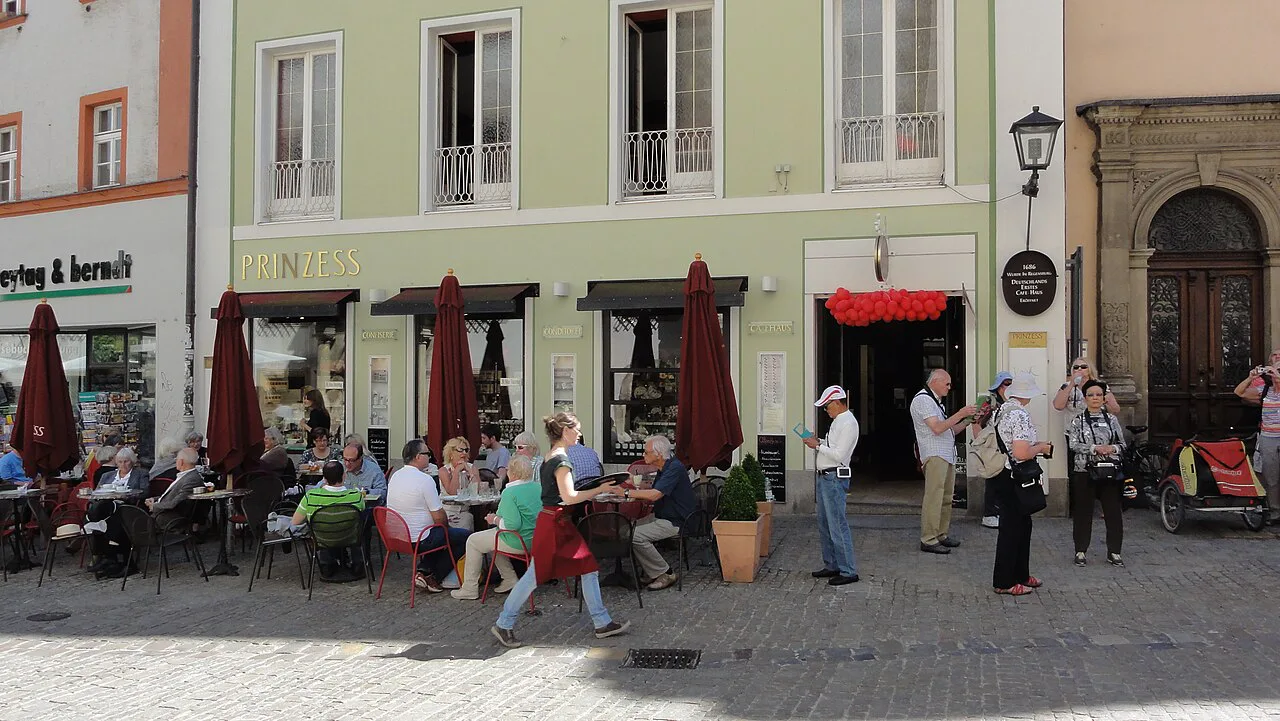 Café Prinzess and its terrace on Rathausplatz, Regensburg.