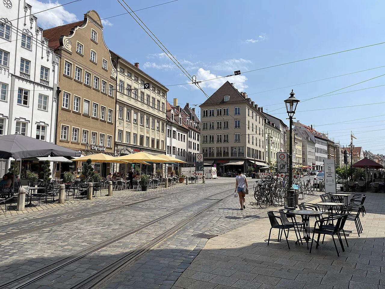 Cafe tables along Maximilianstrasse in the old town, Augsburg.