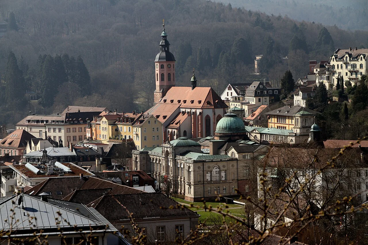Baden-Baden's spa district and collegiate church seen from the Annaberg.