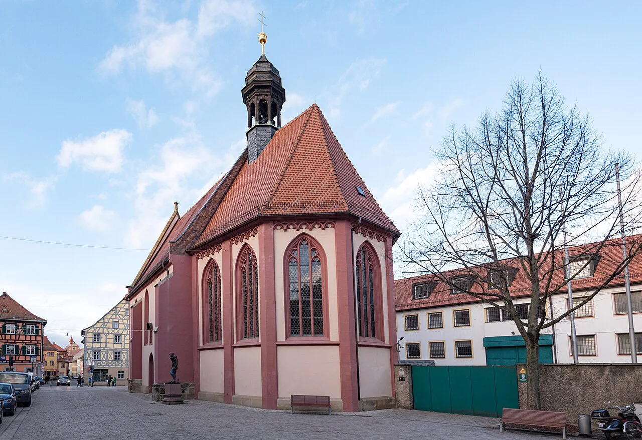 St. Elisabeth's Church among old houses on Obere Sandstraße, Bamberg.
