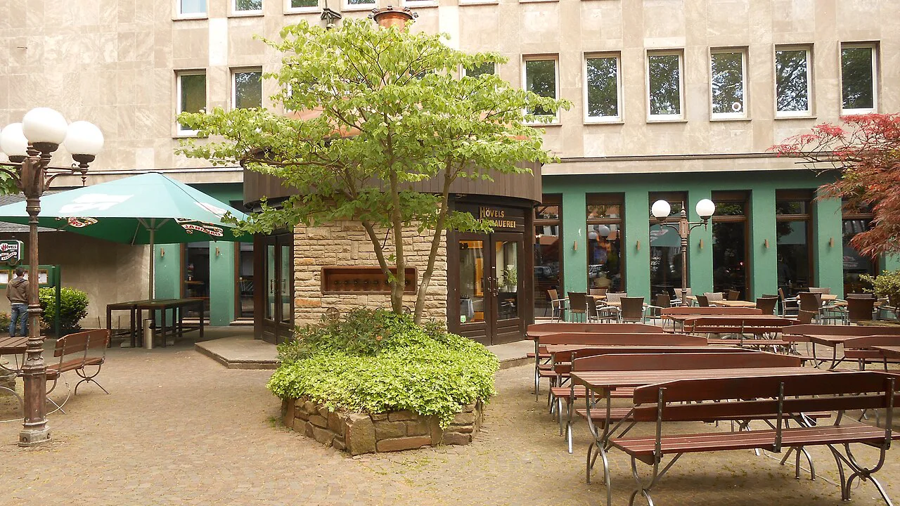 The beer garden of Hövels Hausbrauerei, a brewpub in Dortmund.