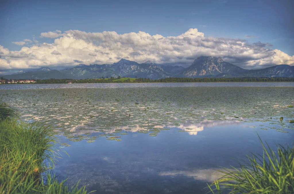 A lake near Füssen with the Alps beyond.