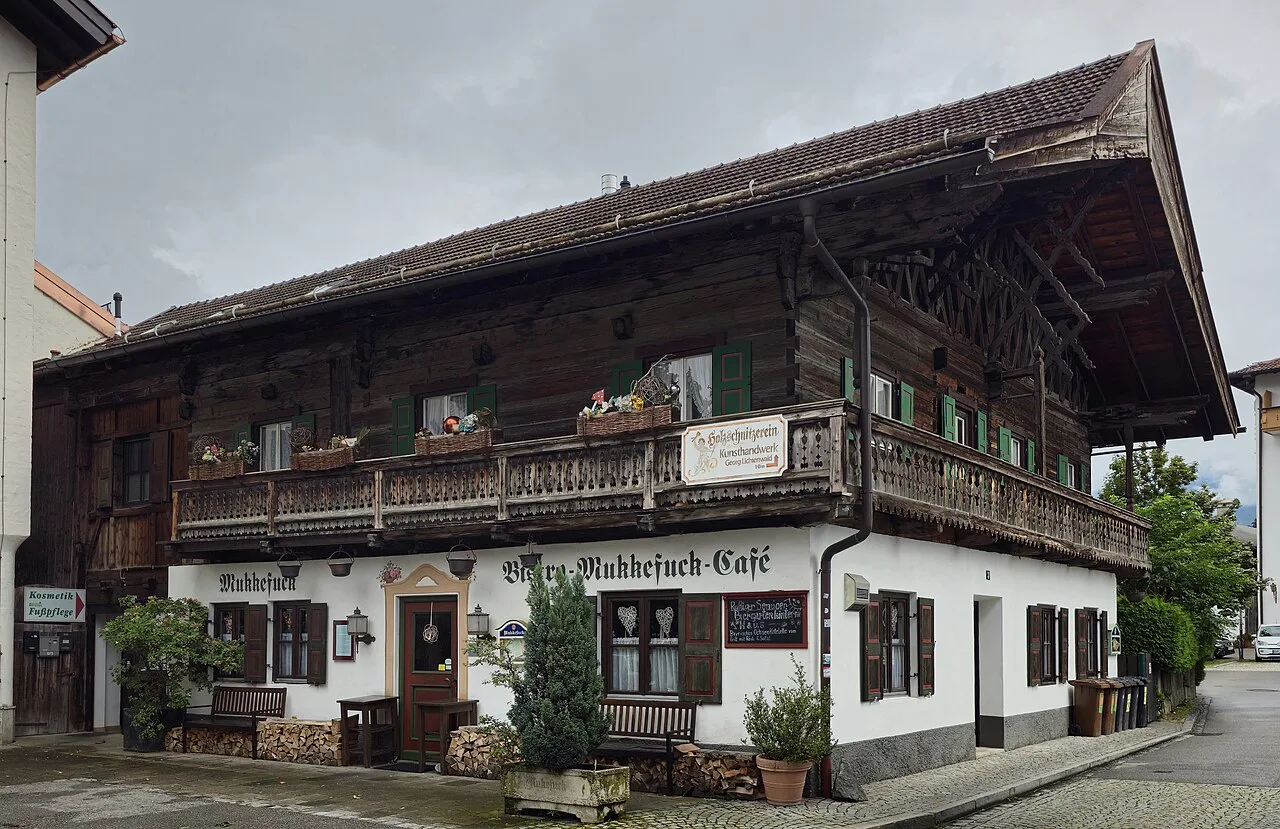 A traditional wooden-balconied café building on Zugspitzstraße, Garmisch.