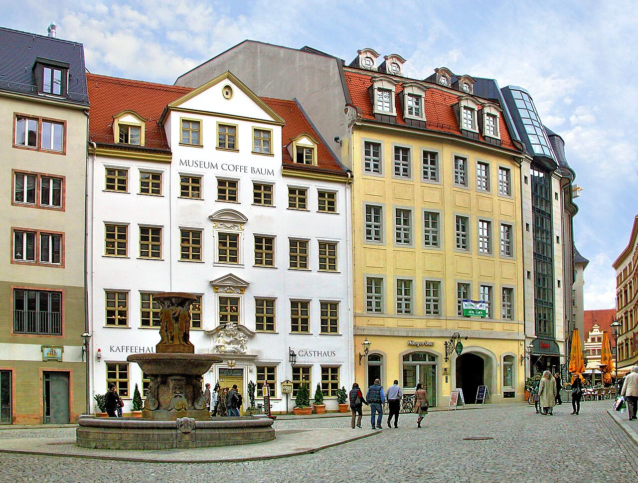 The Lipsia Fountain in front of the Zum Arabischen Coffe Baum coffee house, Leipzig.