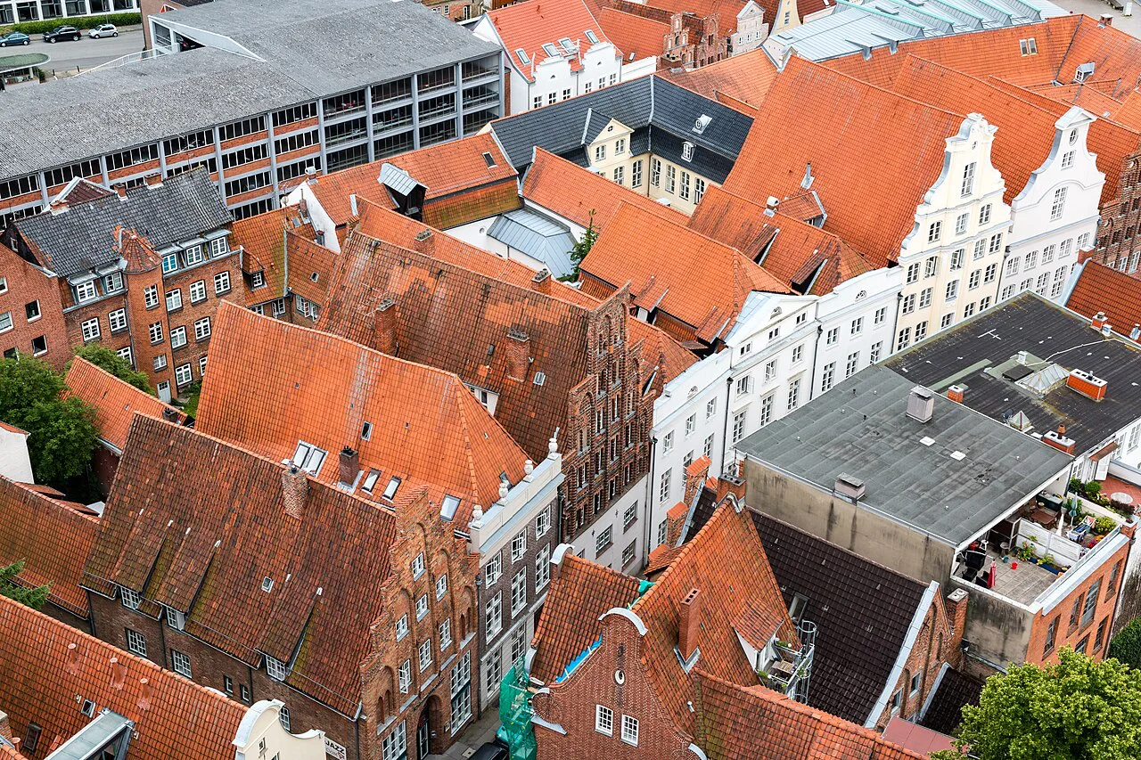 Lübeck's old town rooftops along Große Petersgrube seen from St. Peter's Church.