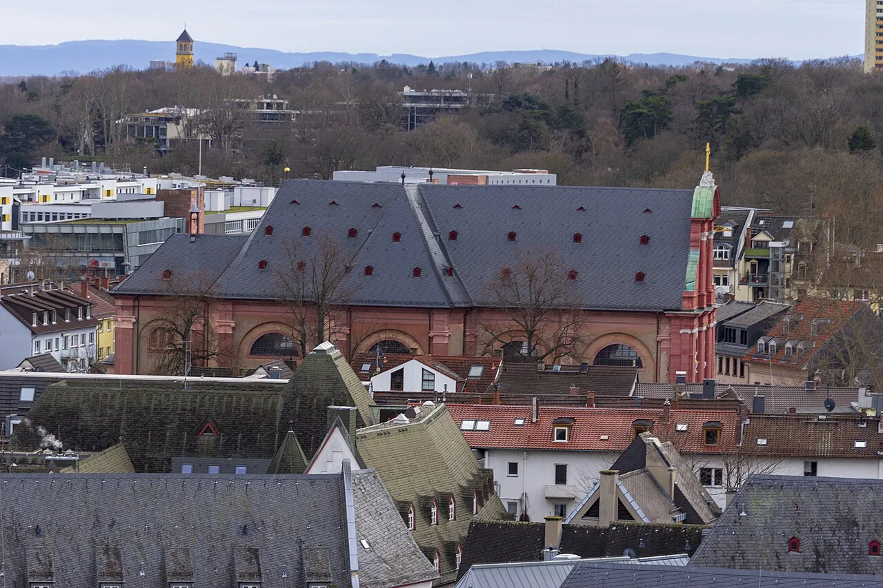 Rooftops and a church in the city center of Mainz.