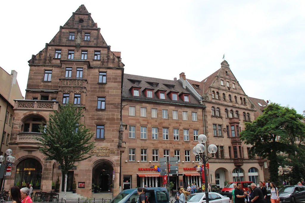 Sandstone buildings and street cafés in Nuremberg's old town.