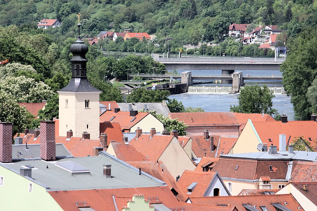 Old town rooftops and the Danube from the Holy Trinity Church tower, Regensburg.