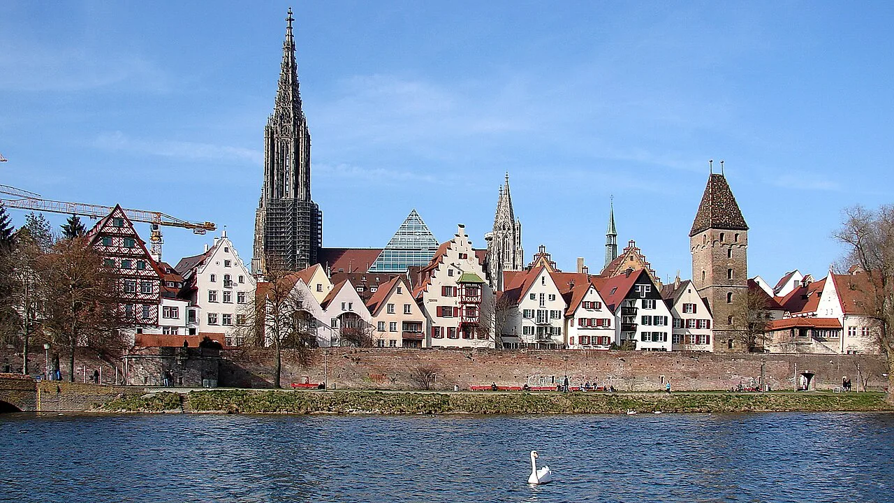 Ulm Minster and the old town seen across the Danube.
