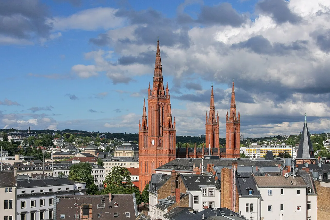The Marktkirche rising above the city center of Wiesbaden.