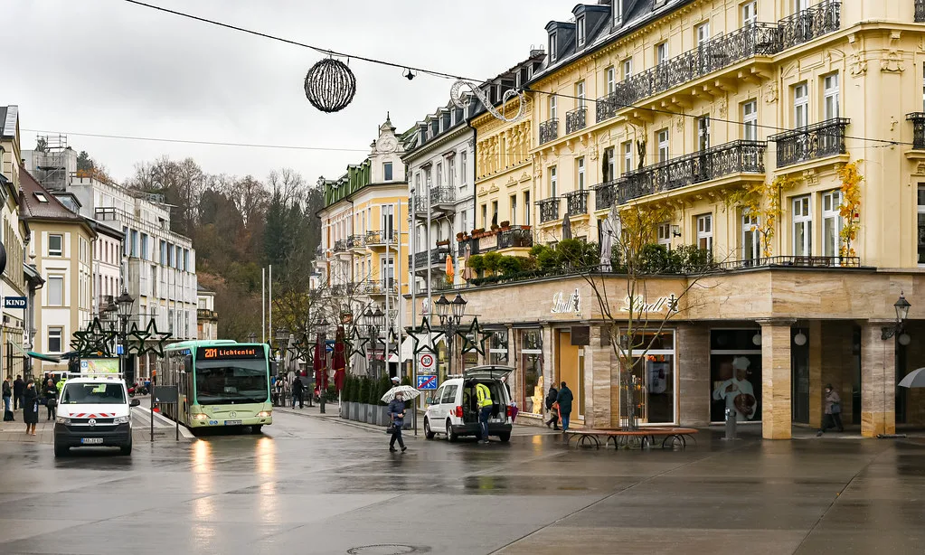 Historic hotels along a street in central Baden-Baden.