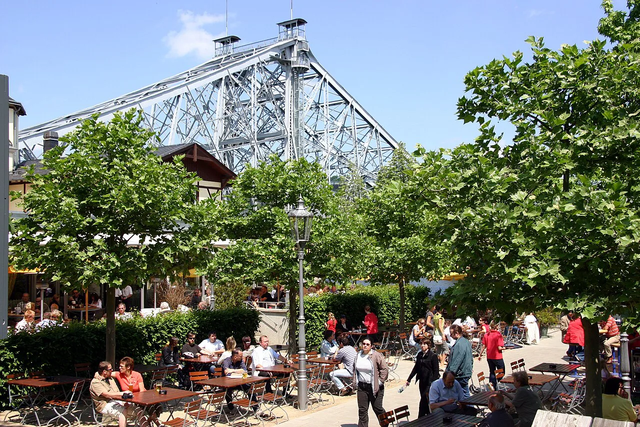 Beer garden beside the Blaues Wunder bridge, Dresden.