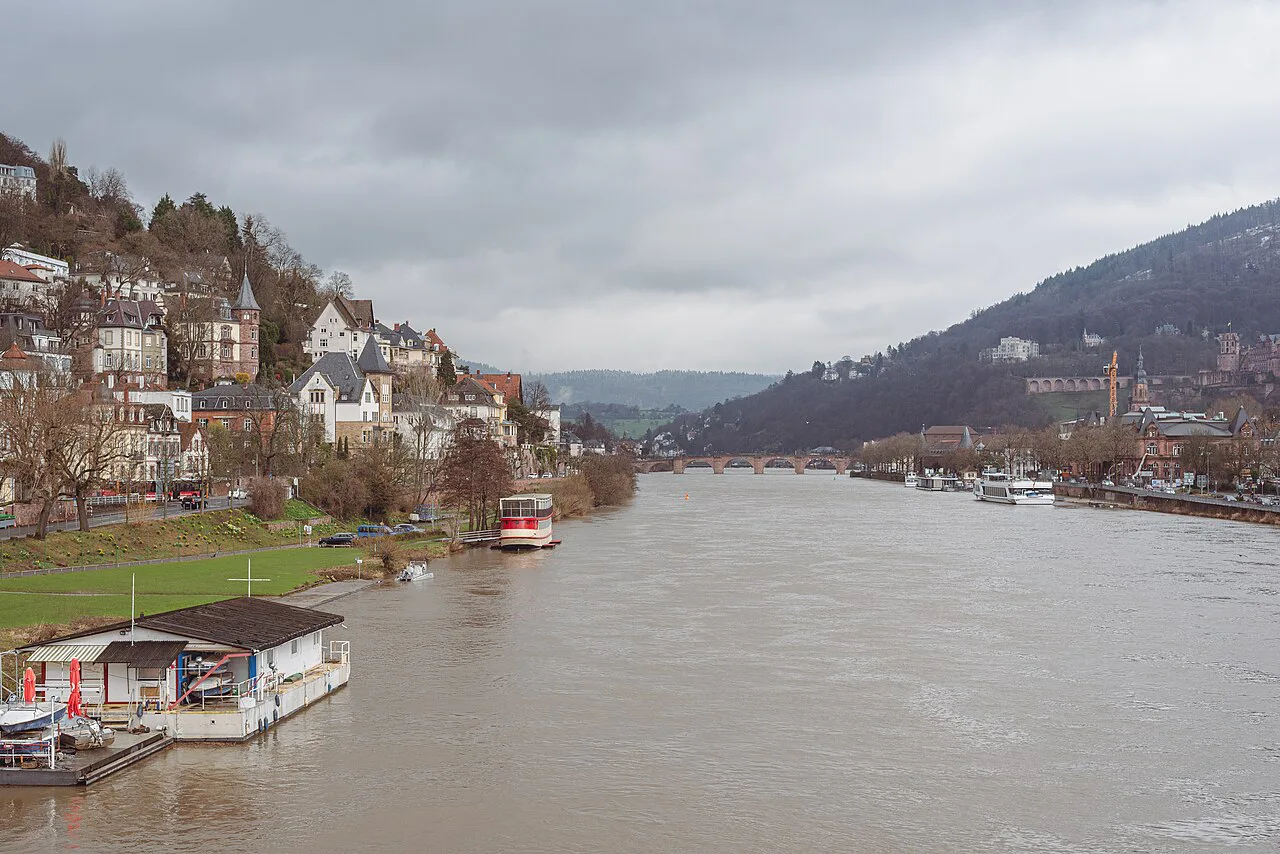 The Neckar River and Heidelberg's riverside seen from the Old Bridge.