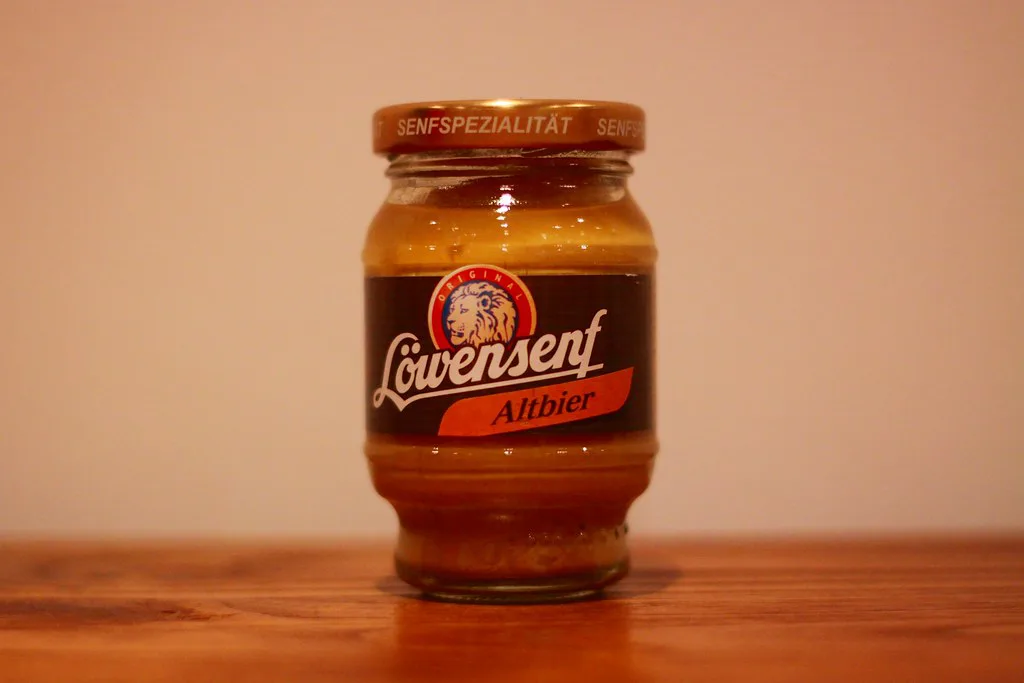 A jar of Löwensenf Altbier mustard.