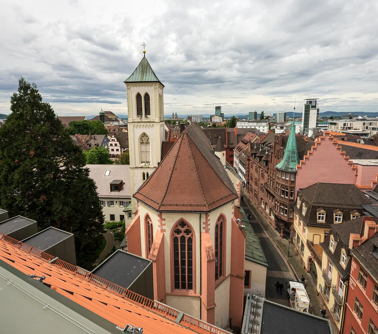 St. Martin's Church above the rooftops of Freiburg's old town.