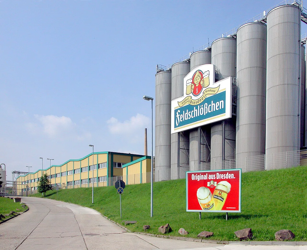 Feldschlößchen brewery tanks and offices in Dresden-Coschütz.