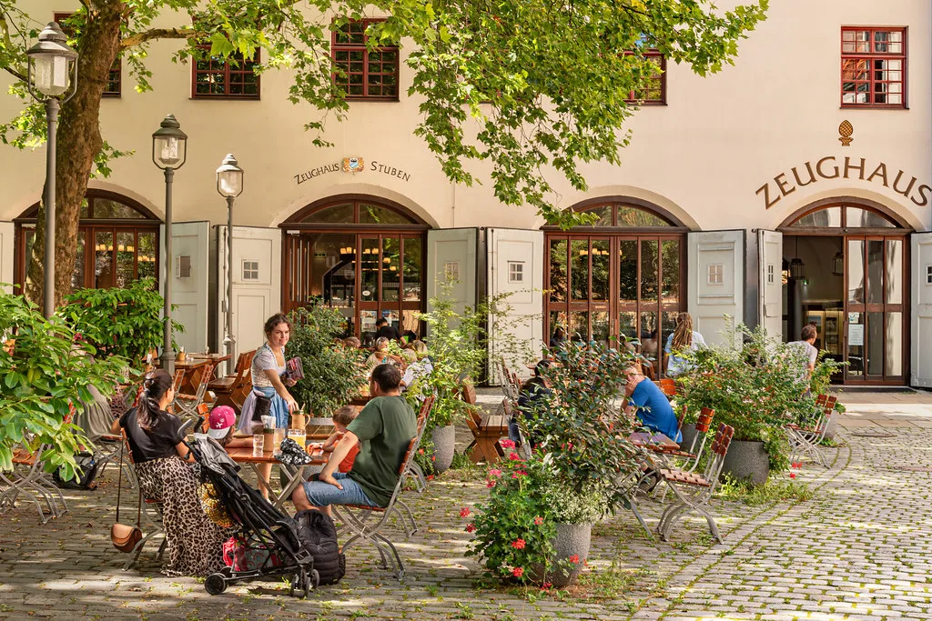 Outdoor tables in front of the Zeughaus, Augsburg.