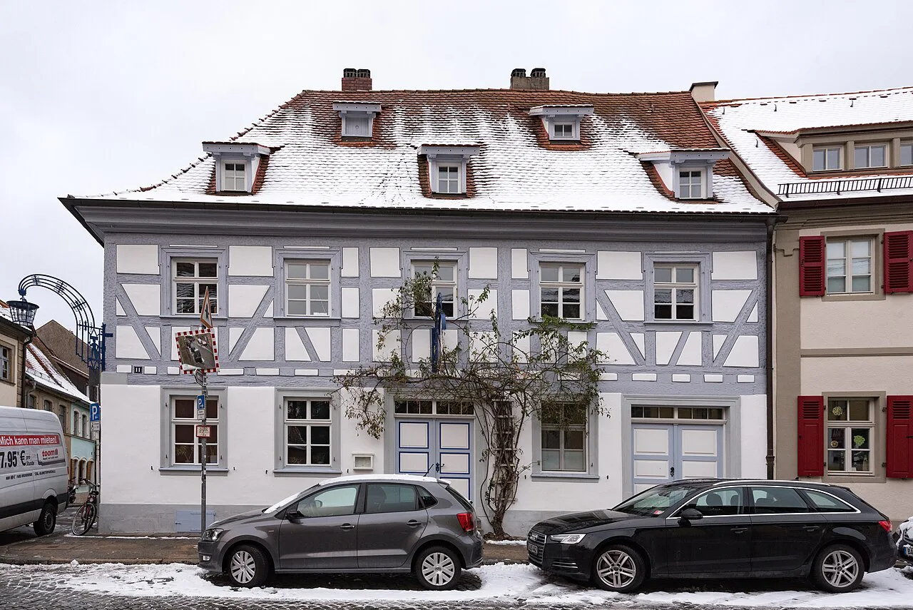 Half-timbered house on Oberer Stephansberg in winter, Bamberg.