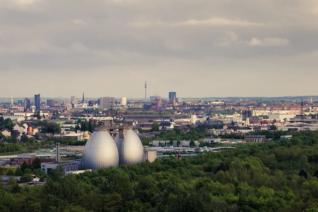 Dortmund skyline seen from a wooded hill.