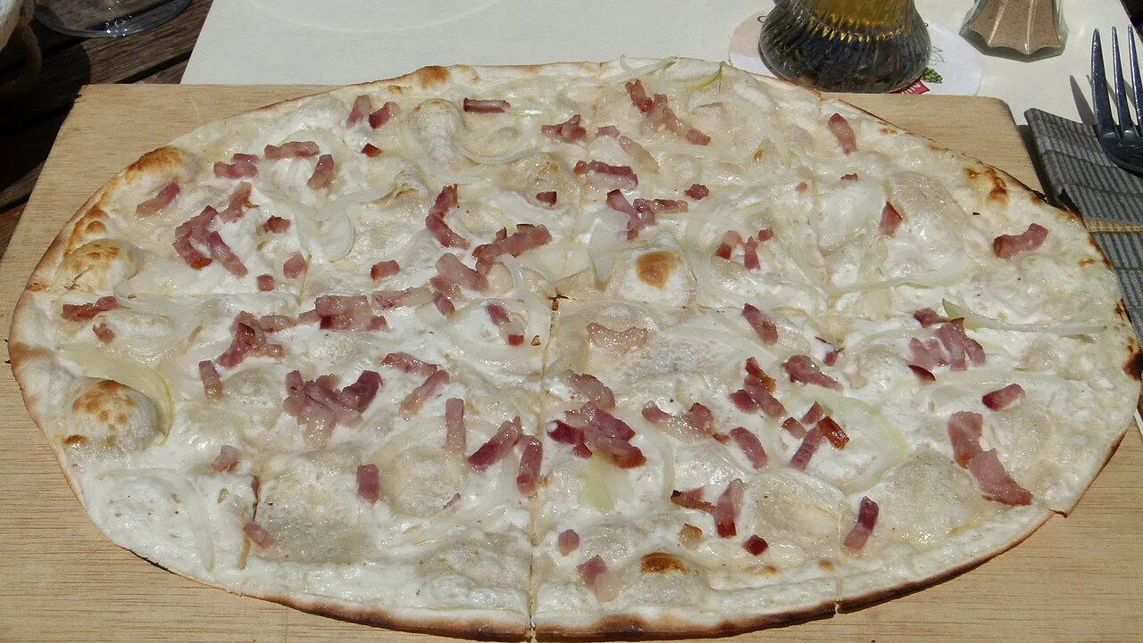 Alsatian Flammkuchen with bacon and onions in Strasbourg.