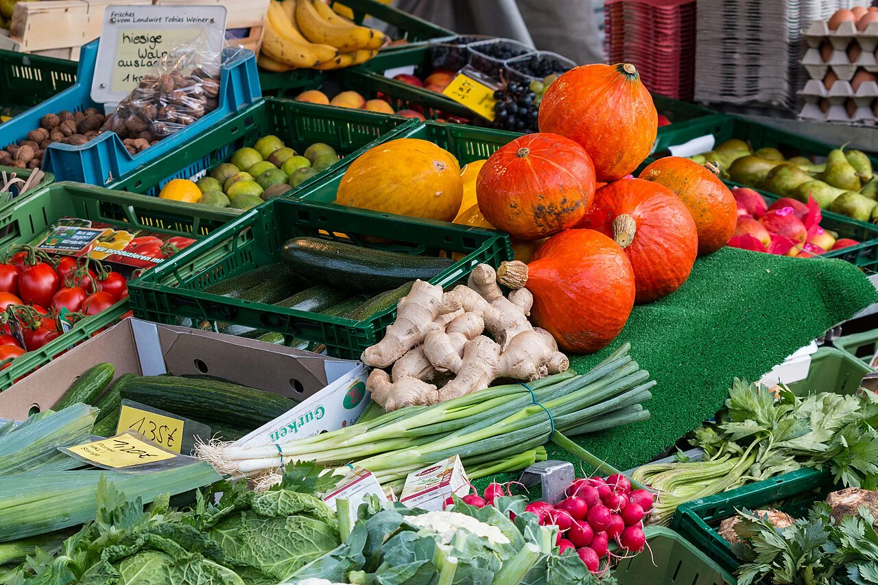 Fruit and vegetables at the weekly market on Domplatz, Münster.