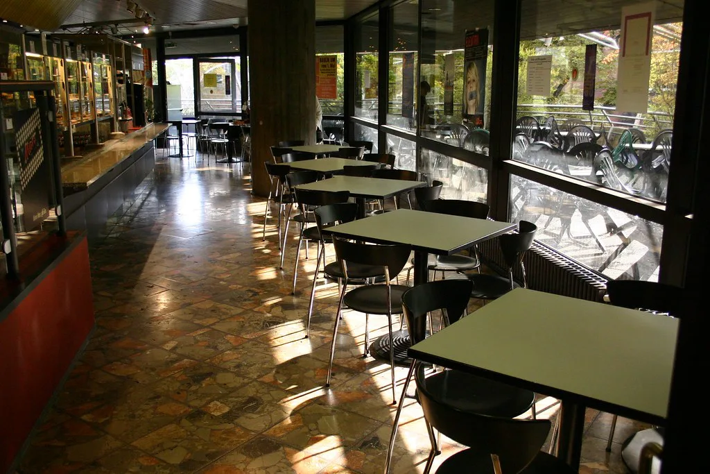 Tables in the café of the university library, Freiburg.