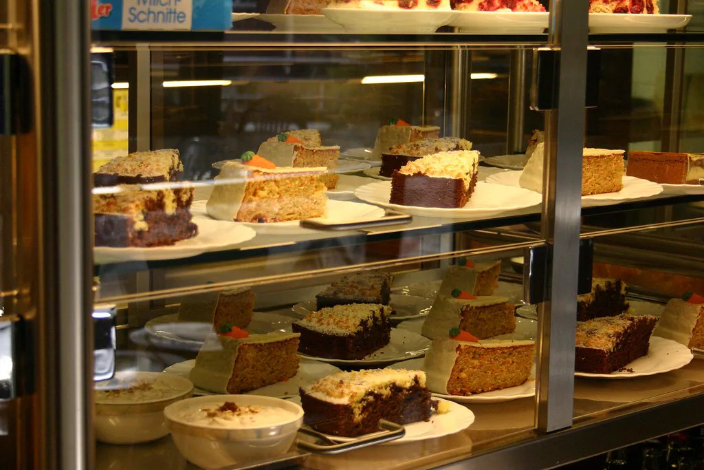 Cakes in the display case of the university library café, Freiburg.