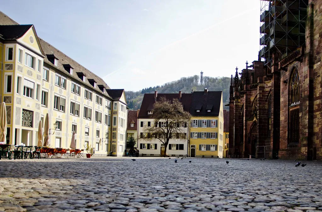 Münsterplatz, the cobbled square beside Freiburg Minster where the market is held, Freiburg.