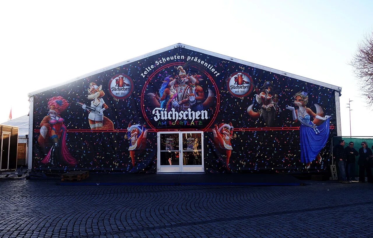 The Füchschen brewery's carnival tent on Burgplatz, Düsseldorf.