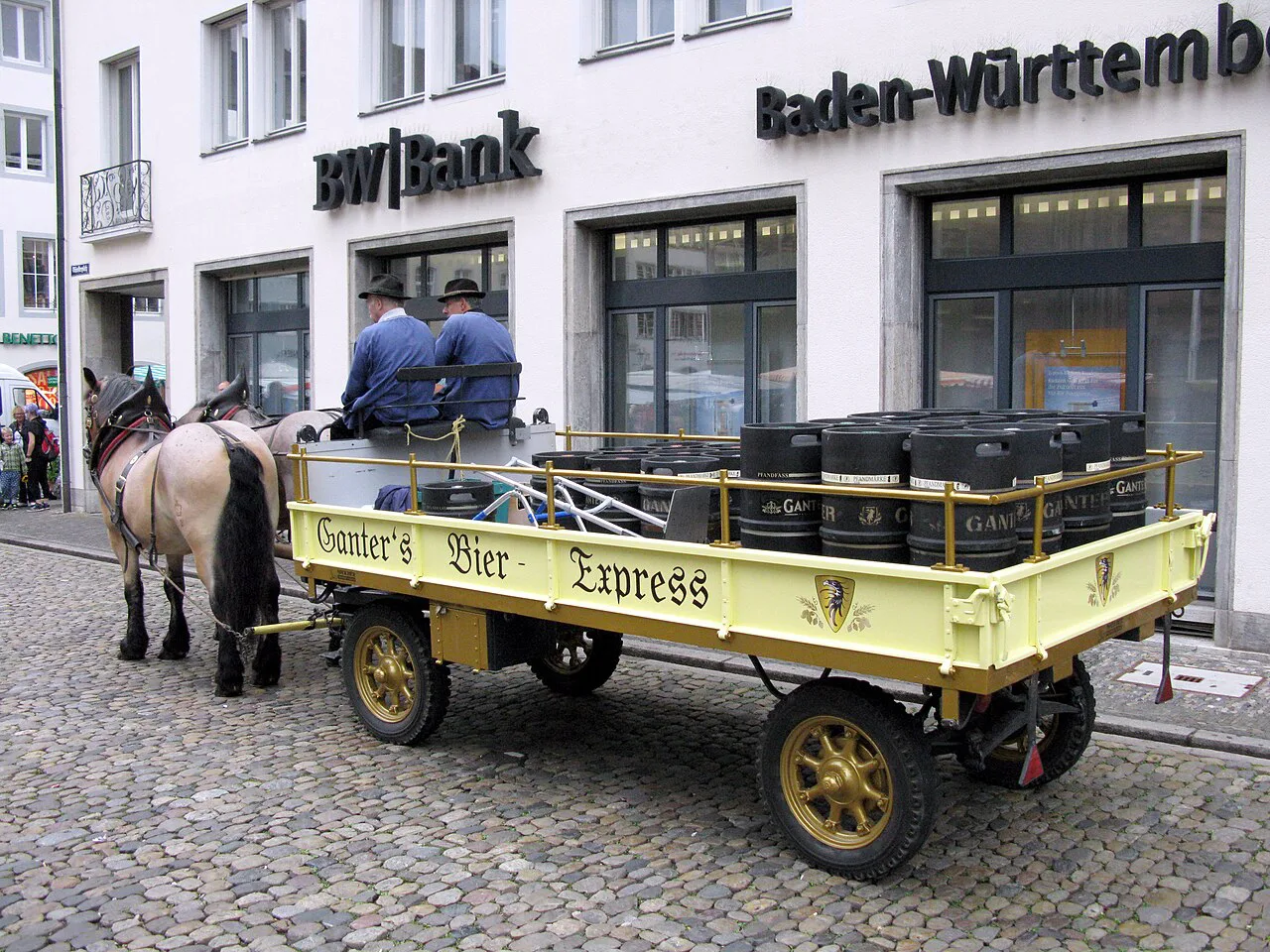 A Ganter brewery horse-drawn beer wagon on Münsterplatz, Freiburg.