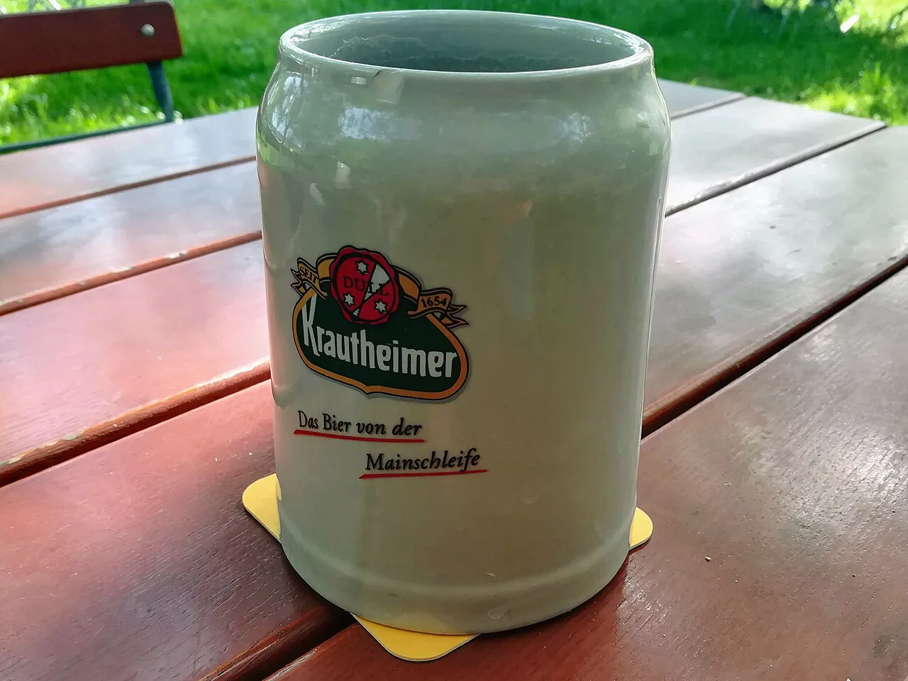 A Krautheimer beer stein in the Friedrich Düll brewery beer garden, Volkach-Krautheim.