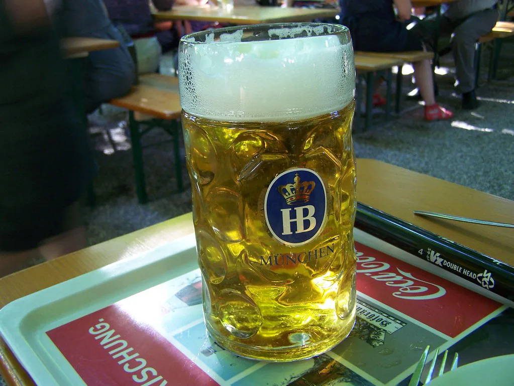 A one-liter Mass of Hofbräu Helles in a Munich beer garden.