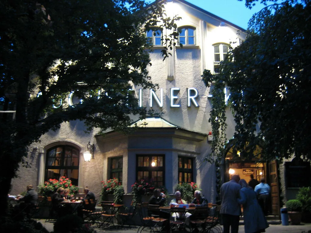 The entrance to the Augustiner-Keller beer hall at dusk, Munich.