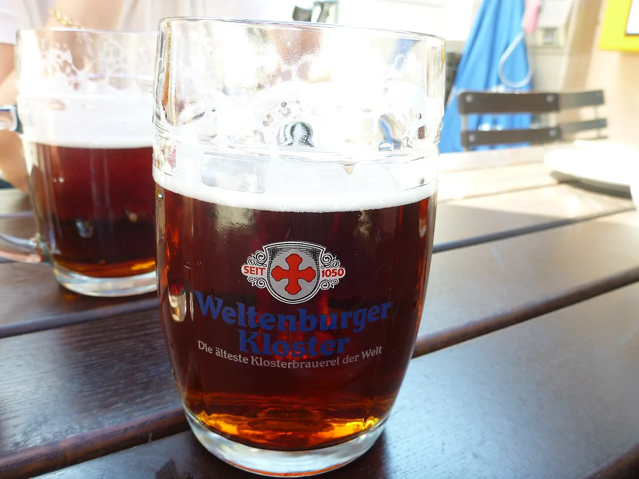 Glasses of Weltenburger Kloster beer at Weltenburg Abbey.