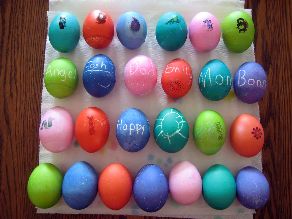 Rows of hand-painted Easter eggs.
