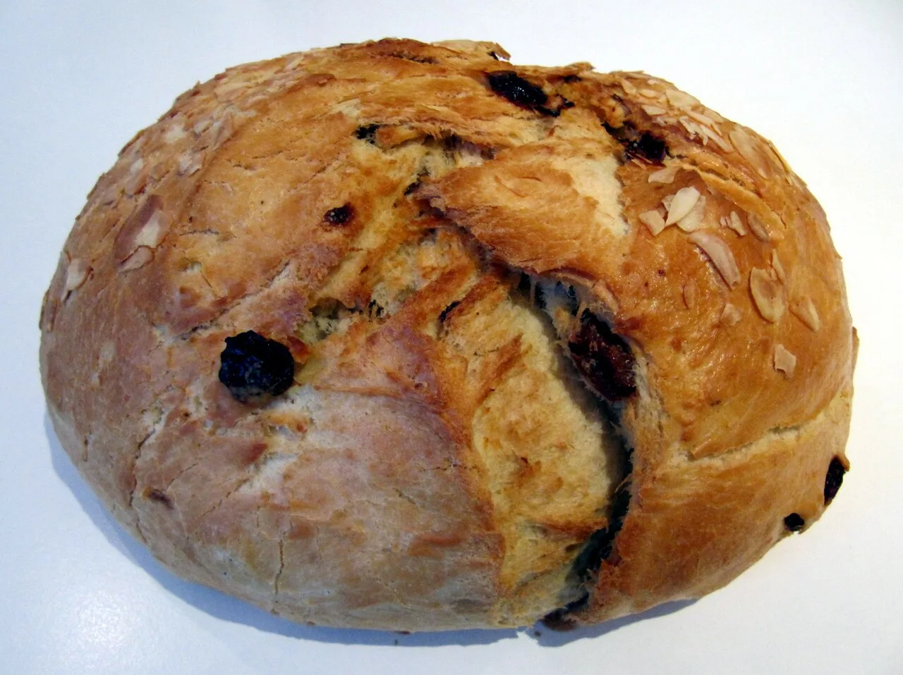 A loaf of German Easter bread with almonds and raisins.