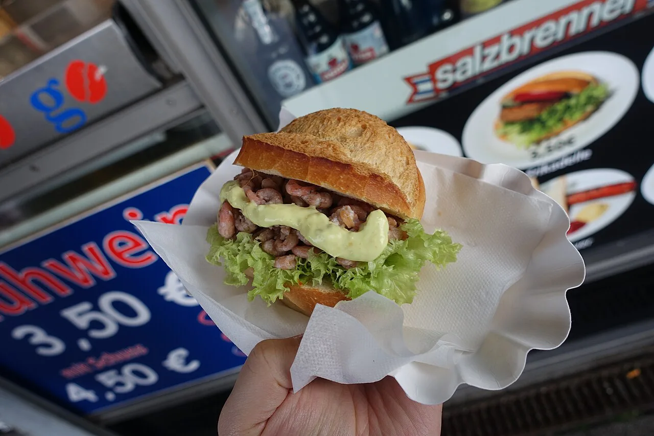 A Fischbrötchen with North Sea shrimp and remoulade, Hamburg.