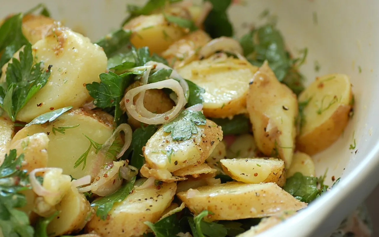 Warm potato salad with onions and fresh herbs.