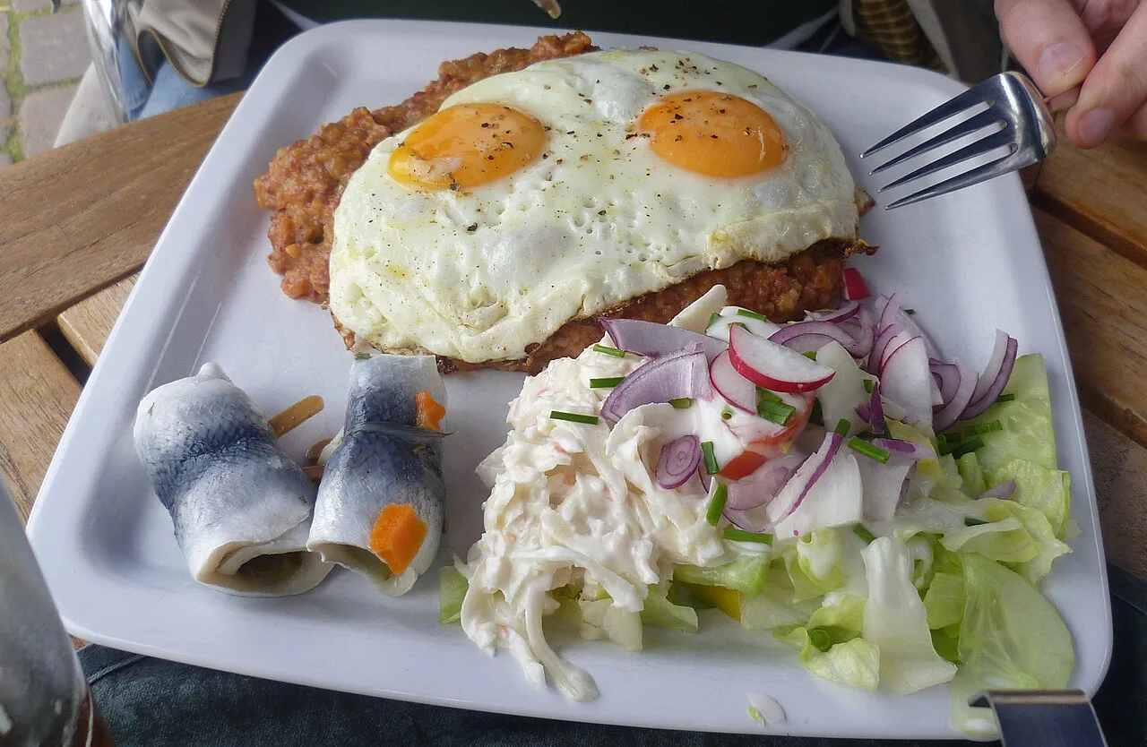 Labskaus with fried eggs and rollmops herring, Friedrichstadt.