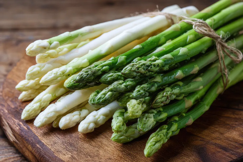 A bundle of white and green asparagus.