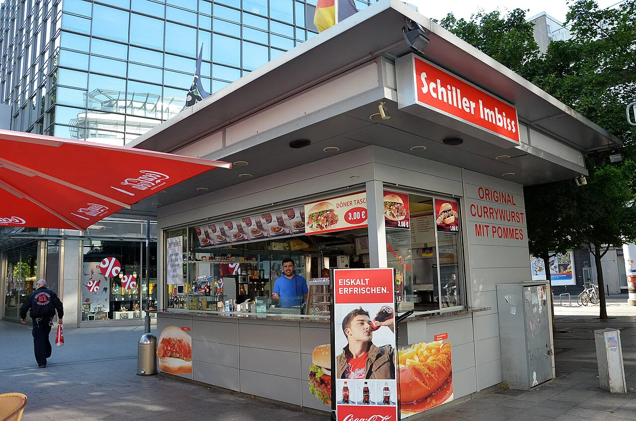 The Schiller Imbiss snack kiosk selling currywurst, Hannover.